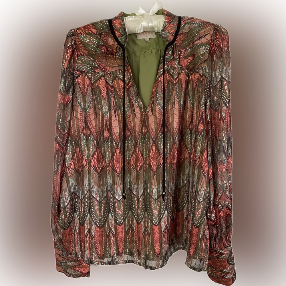 CIEBON Metallic Print Top with Sheer Sleeves, Size M